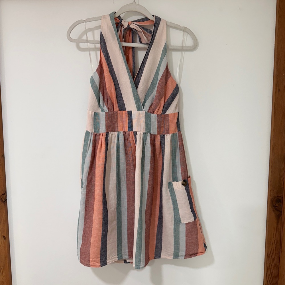 American Eagle Striped Halter Mini Dress Women Medium Multi-Color Linen Coastal